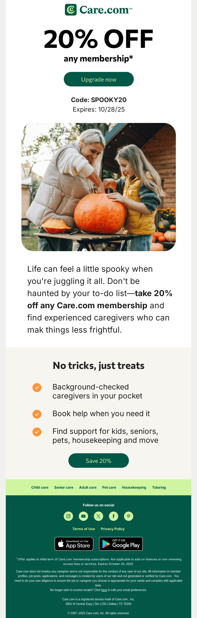 20% off Care.com—sweet savings for spooky season