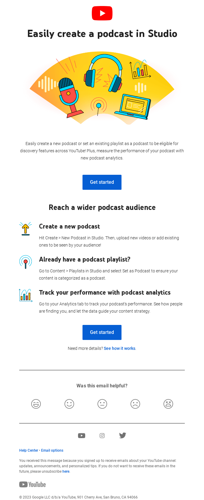 Really Good Emails, create a podcast in YouTube Studio