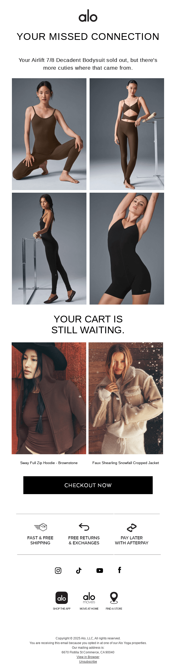 Test] The Airlift 7/8 Decadent Bodysuit in your cart sold out from Alo Yoga  - Desktop Email View | Really Good Emails