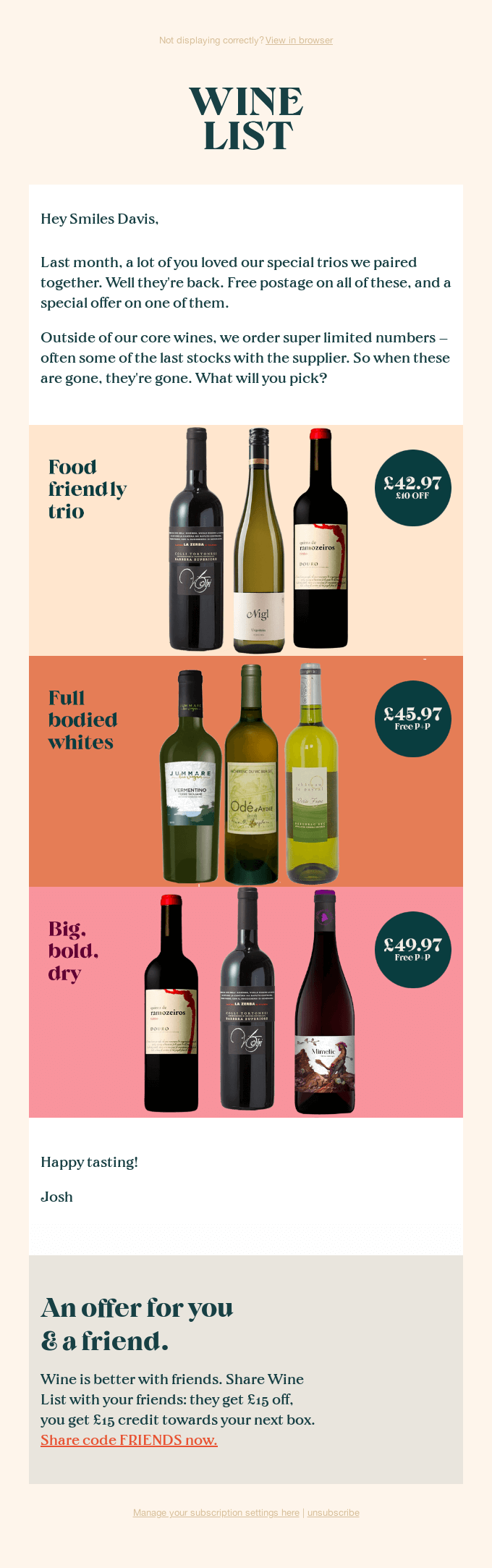 Three trios of wine & one special offer